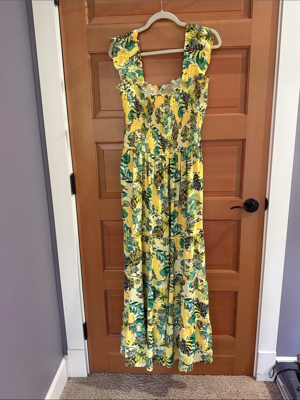 MELLODAY Yellow Green Tropical Leaf Smocked Maxi Jumpsuit